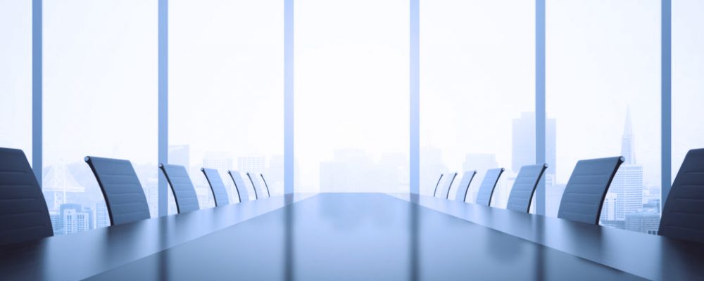 Closeup of shiny dark table and chairs in conferece room interior with city view and daylight. 3D Rendering