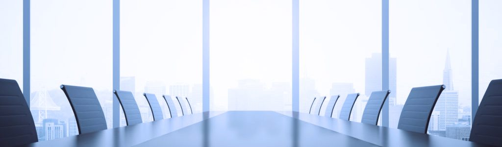 Closeup of shiny dark table and chairs in conferece room interior with city view and daylight. 3D Rendering